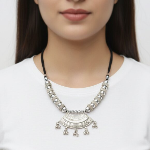 Set of 2 Handmade Ornate Silver Pendant Necklaces Yarn Cord Statement Jewelry - Picture 2 of 8